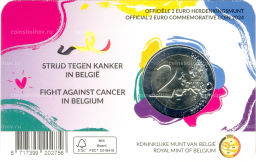 Монета 2 евро 2024 года Бельгия Борьба с раком в Бельгии(текст на лицевой стороне блистера на фламандском и английском)