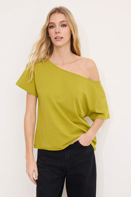 Yag Yesili %100 Pamuk Oversize/Genis Kal?p Kay?k Yaka Orme T-Shirt TWOSS20TS0140