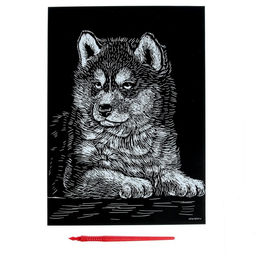 Цена за 3 шт. Гравюра «Щенок хаски» с металлическим эффектом «серебро» А4