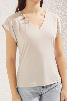 Siyah Dugme Detayl? Regular V Yaka Ay Kol Orme Bluz TWOSS25BZ00035 - Trendyolmilla фото 8