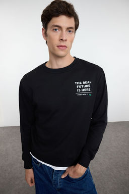 TRENDYOL MAN Siyah Regular/Normal Kesim Bisiklet Yaka Yaz? Bask?l? Ici Polarl? Sweatshirt TMNAW25SW00179 - Trendyolmilla фото 2