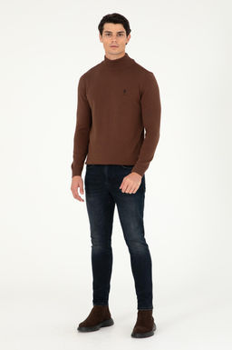 Erkek Slim Fit Yar_m Bo_azl_ Kahverengi Basic Kazak