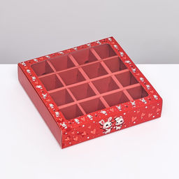 Цена за 5 шт. Коробка под 16 конфет, красная «Зайки» 17.7×17.7×3.8 см