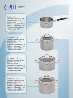 1503 GIPFEL Набор посуды SIGNO 7пр. (ковш 16х8см/1,7л, кастрюля 16х12см/2,4л с крышкой, кастрюля 20х10,5см/3,2л с крышкой, кастрюля 20x14см/4,4л с крышкой), с индукционным капсульным дном. Материал: н  фото 7