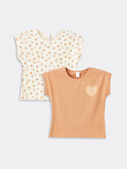 Bisiklet Yaka K?sa Kollu Bask?l? K?z Bebek Ti??rt 2li