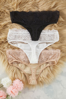 Trendyolmilla Siyah-Beyaz-Ten 3lu Paket Dantel Detayl? Tanga Orme Kulot THMSS25KU00018 фото 8