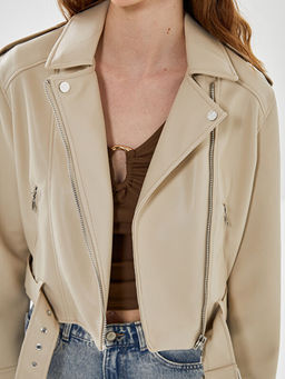 Biker Yaka Kad?n Deri G?r?n?ml? Ceket