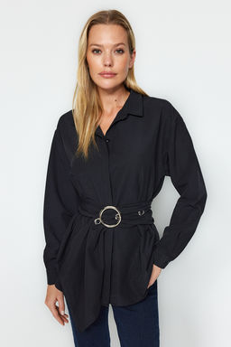 Siyah Kemerli Toka Detayl? Pamuklu Dokuma Gomlek TWOAW20GO0099