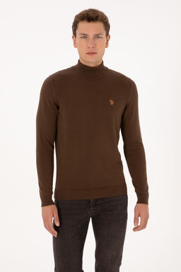 Erkek Slim Fit Bo_azl_ Kahverengi Basic Kazak