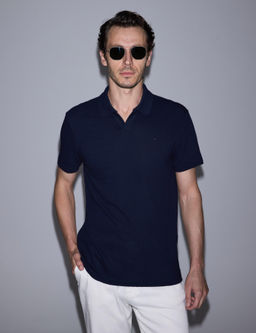 Lacivert Slim Fit %100 Pamuk Apa_ Yaka T-shirt