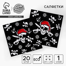 Цена за 3 шт. Салфетки бумажные «Пират», однослойные, 24×24 см, набор 20 шт.