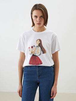 Bisiklet Yaka Bask?l? Kad?n Ti??rt