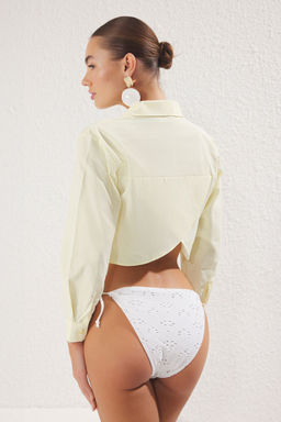 TRENDYOLMILLA Cizgili Crop Dokuma S?rt Dekolteli Keten Gorunumlu Plaj Gomlegi TBESS24GO00012  фото 4