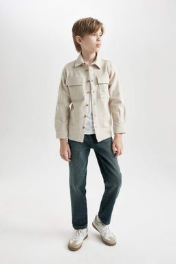 Бежевая рубашка стандартного кроя с воротником-поло и длинными рукавами и двойными карманами для мальчиков - Defacto фото 2