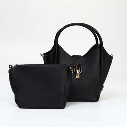 Сумка женская тоут на клапане, с косметичкой, 17×11×22 см, однотонная, чёрная