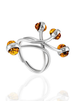 Необычное яркое кольцо Мимоза с зелёным янтарём