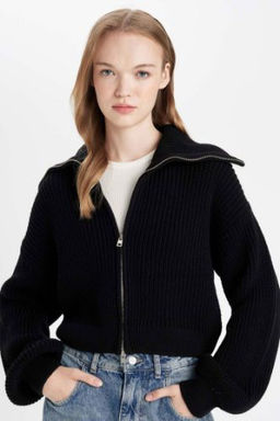 Slim Fit Basic Duz Fermuarl? Dik Yaka Triko H?rka