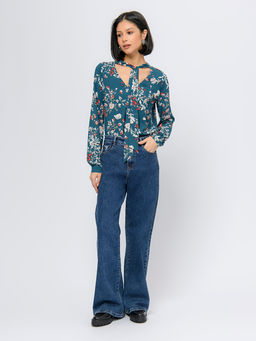 Блуза бирюзового цвета с принтом с длинными рукавами и декоративными элементами - 1001dress фото 2