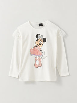 Bisiklet Yaka Minnie Mouse Bask?l? Uzun Kollu K?z ?ocuk Ti??rt