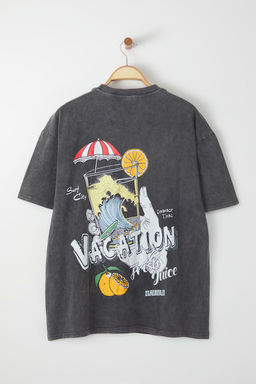 TRENDYOL MAN Antrasit Oversize/Genis Kesim Soluk Efektli Bask?l? Kal?n %100 Pamuk Tok T-shirt TMNSS25TS00015 - Trendyolmilla фото 6
