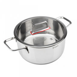 Кастрюля из нержавеющей стали Tendency 5л, д24см, h11,8см, s0,6мм, дно s2,8мм, плоская стеклянная жаропрочная крышка, пароотвод, стальной обод, капсулированное дно, прутковые ручки из нержавеющей стали на точечной сварке, полировка снаружи - зеркал