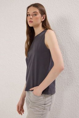 Antrasit %100 Pamuk Dikis Detayl? S?f?r Kol Bisiklet Yaka Orme Atlet TWOSS25AL00038