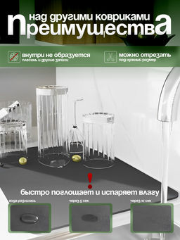 Нано коврик для сушки посуды черный 40*30см (3157) - Мой органайзер фото 11