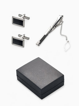 Набор мужской медный Запонки + Зажим для галстука прямоугольник с эмалью, чёрно-серебристый