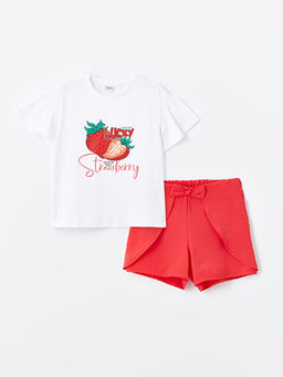 Bisiklet Yaka Bask?l? K?sa Kollu K?z ?ocuk Ti??rt ve ?ort