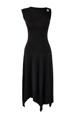 Siyah Belden Ac?lan Asimetrik Yaka Kolsuz Aksesuar Detayl? Midi Esnek Orme Elbise TWOSS26EL00044