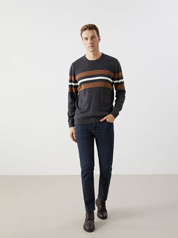 Bisiklet Yaka Uzun Kollu ?izgili Erkek Triko Kazak