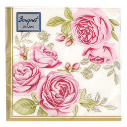 Салфетки бумажные "Bouquet de Luxe" 24х24см, 3-х слойные, 25 штук в упаковке, 100% целлюлоза, "Роза с золотыми листьями" (Россия)