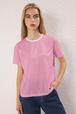 TRENDYOLMILLA Kahverengi-Bej-Haki Cizgili 3lu Paket Basic Bisiklet Yaka Orme T-Shirt TWOSS20TS0146  фото 5