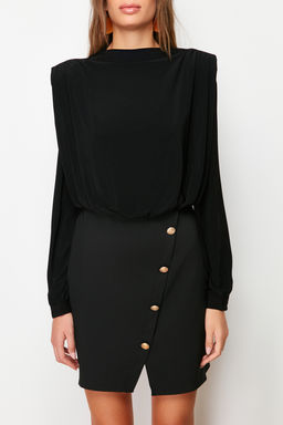Siyah Vucuda Oturan Vatkal? Dugme Detayl? Mini Dokuma Elbise TWOAW24EL00483