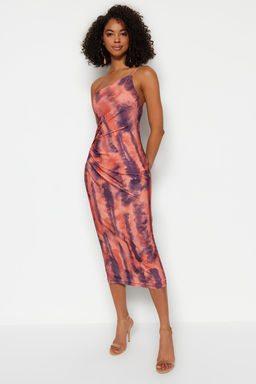 Bask??l? Vucuda Oturan Midi Tek Omuz Ayarlanabilir Ask?l? Orme Kalem Elbise TWOSS23EL01577