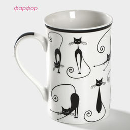 Кружка фарфоровая Доляна «Чёрный кот», 300 мл, цвет белый