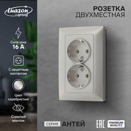 Розетка Luazon Lighting «Антей», 16 А, скрытая, IP20, двухместная, с заземлением, серебристая
