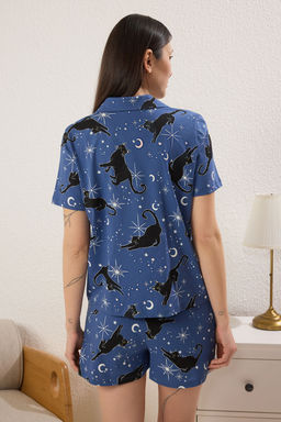 Trendyolmilla Lacivert %100 Pamuklu Kedi ve Galaksi Desenli Sortlu Orme Pijama Tak?m? THMSS25PT00370  фото 5
