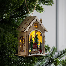 Ёлочная игрушка Домик с Дедом Морозом и машиной, 8.2х4.2х7.3 см, от батареек, свечение тёплое белое