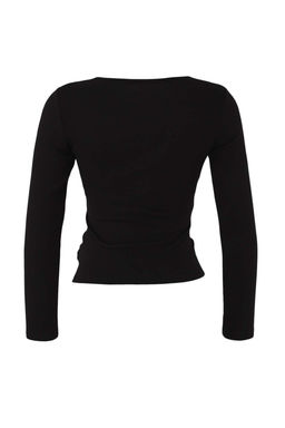 Siyah Fitted/Vucuda Oturan Cift Gorunumlu Yar?m Fermuarl? Cift Katl? Orme Bluz TWOAW26BZ00031