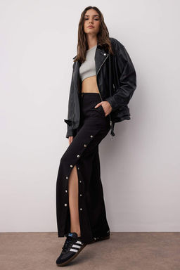 Siyah Wide Leg/Genis Paca Yanlar? Dugmeli Dokuma Kumas Pantolon TWOSS20PL0398