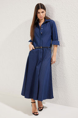 Trendyolmilla Koyu Mavi Etegi Volanl? Maxi Denim Gomlek Elbise TWOSS25EL00351