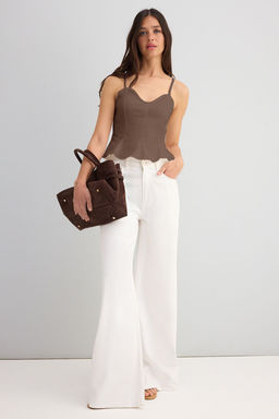 Ac?k Kahverengi Pamuklu Gabardin Ask?l? Peplum Dokuma Bluz TWOSS25BZ00537