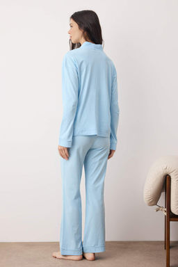 Mavi %100 Pamuklu Cep ve Mansetli Orme Pijama Tak?m? THMAW26PT00230 - Trendyolmilla фото 4