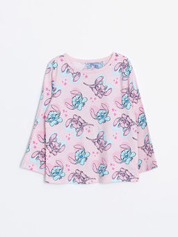 Bisiklet Yaka Uzun Kollu Lilo ve Stitch Bask?l? K?z Bebek Pijama ?st