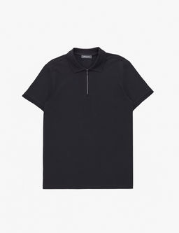 Siyah Slim Fit %100 Pamuk K_vr_lmaz Fermuarl_ Polo Yaka Basic Ti__rt