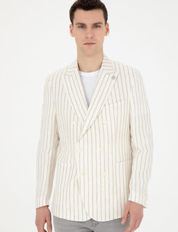 Ekru Slim Fit _izgili Keten Kruvaze Ceket