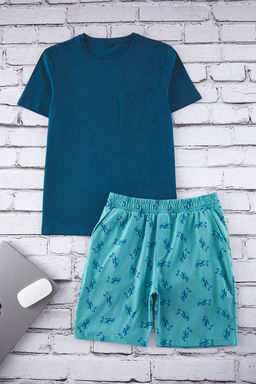 TRENDYOL MAN Petrol Slim Fit Kaplumbaga Desenli Orme Sortlu Pijama Tak?m? TMNSS25PT00012 - Trendyolmilla фото 2