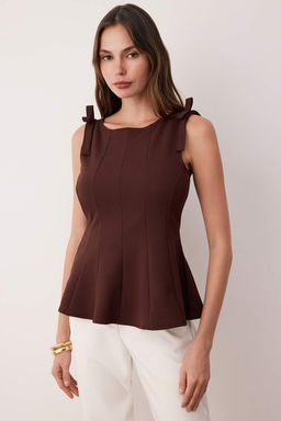 Kahverengi S?f?r Kol Peplum Belden Oturmal? Omuz Fiyonk Detayl? Orme Bluz TWOSS25BZ00482