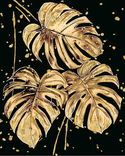 ФРЕЯ PNB/PLPT-314 Набор для раскрашивания по номерам ( с поталью ) ( эффект черного холста ) 50 х 40 см Золотые листья монстеры